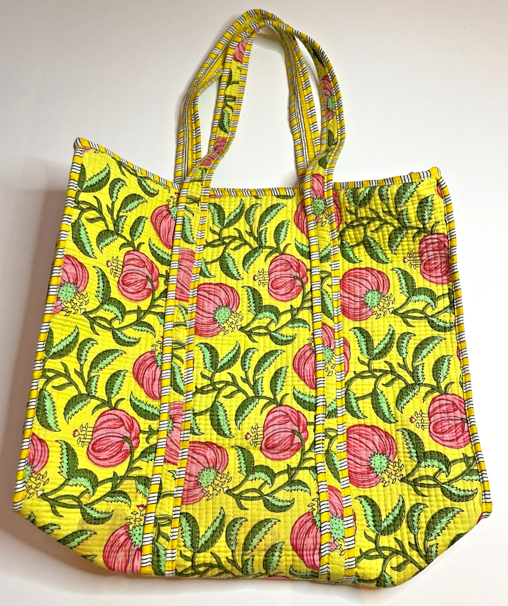 Heart of Grace Handmade Quilted Tote 100% Cotton Block Print Floral Pattern Bag